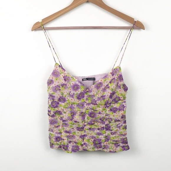 NWT Zara Bloggers Favorite Floral Ruched Spaghetti Strap Tank Top Size Small - Picture 6 of 16